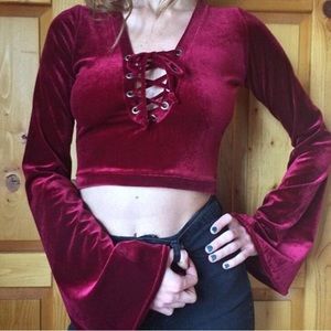 Velvet Lace Up Crop Top with Bell Sleeves - medium